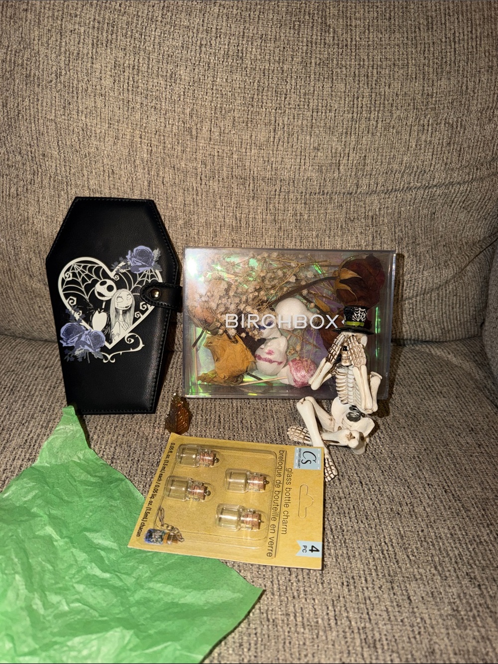 Decorative Keepsake Box w Bismuth, see no evil bobble skeleton, wallet and jars